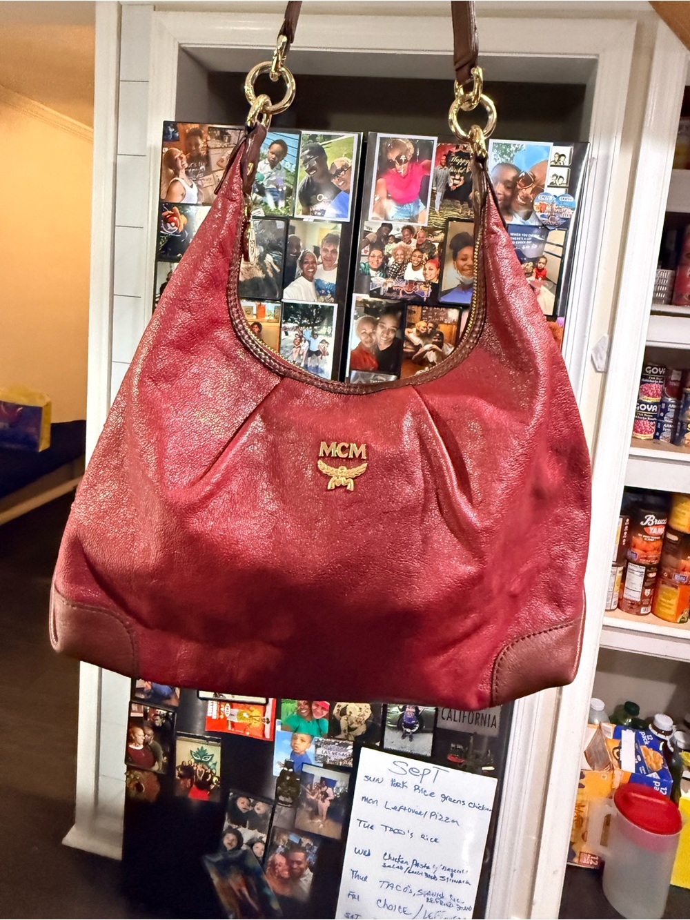 MCM Burgundy Leather Shoulder Bag with Gold Hardware